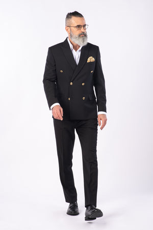 Costum Bărbați Negru Texturat la Două Rânduri de Nasturi Aurii