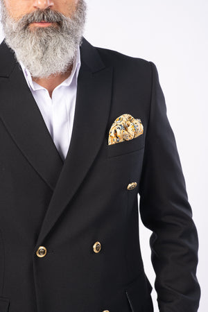 Costum Bărbați Negru Texturat la Două Rânduri de Nasturi Aurii