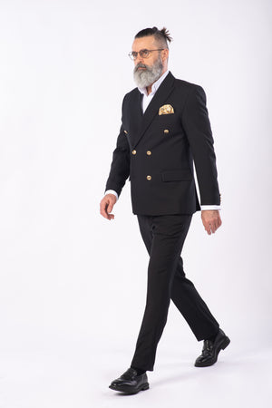 Costum Bărbați Negru Texturat la Două Rânduri de Nasturi Aurii