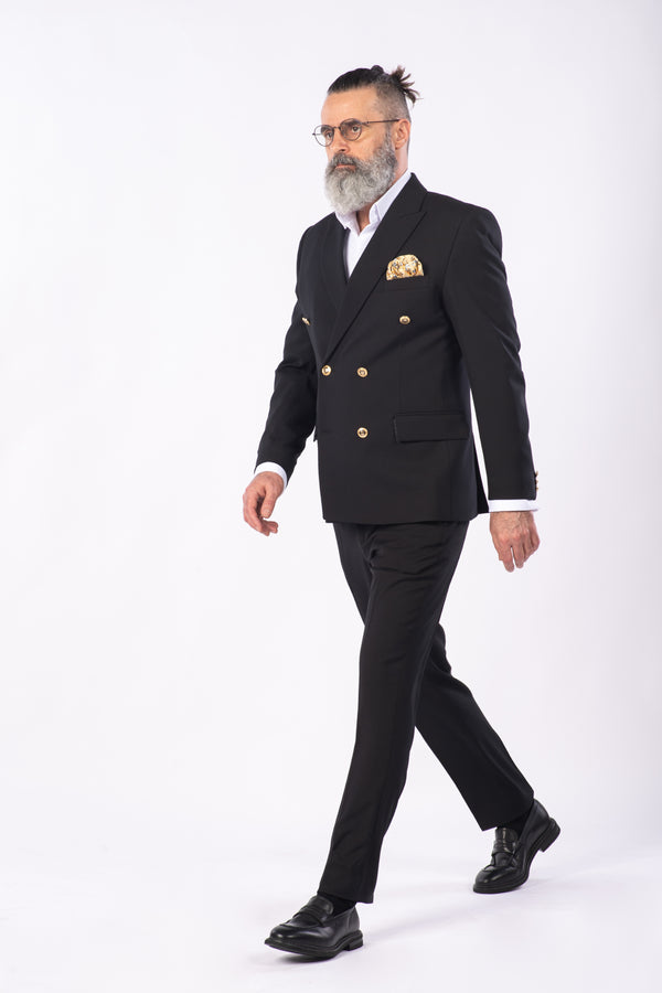 Costum Bărbați Negru Texturat la Două Rânduri de Nasturi Aurii