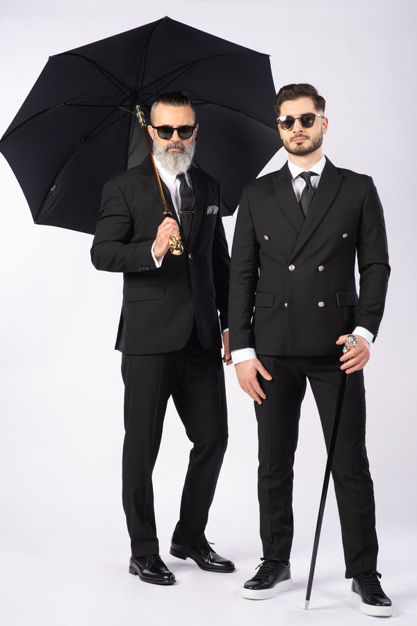 Costum Bărbați Negru Texturat la Două Rânduri de Nasturi Aurii