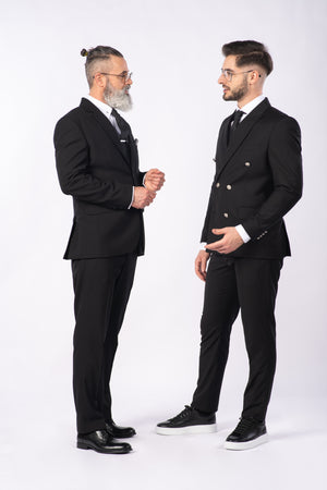 Costum Bărbați Negru Texturat la Două Rânduri de Nasturi Aurii