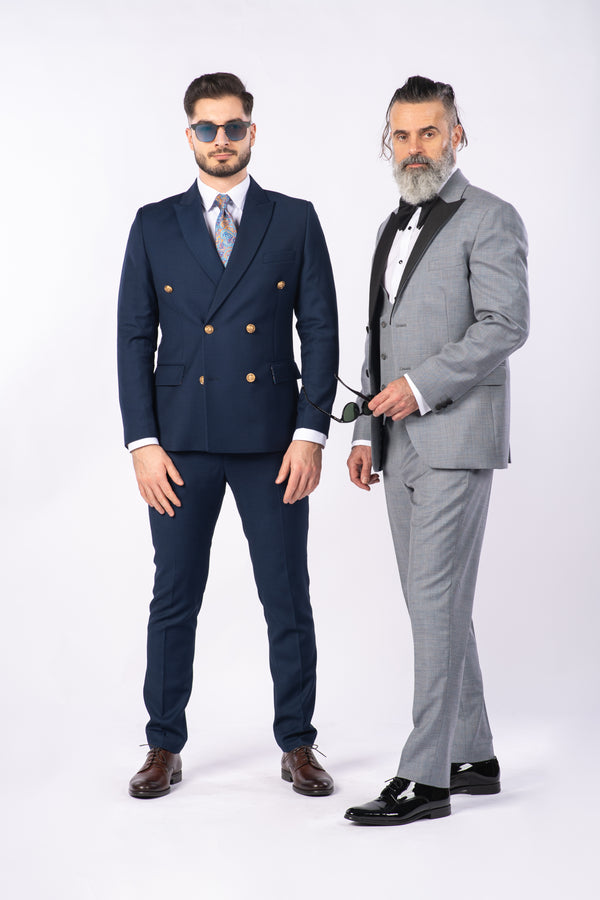 Costum Bărbați Bleumarin Texturat la Două Rânduri de Nasturi Aurii