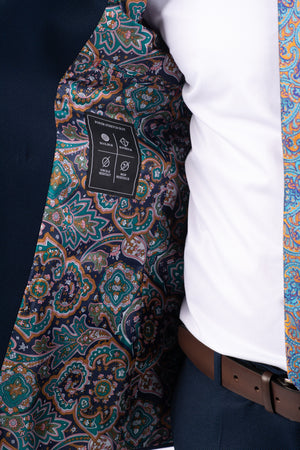 Costum Bărbați Bleumarin Texturat la Două Rânduri de Nasturi Aurii