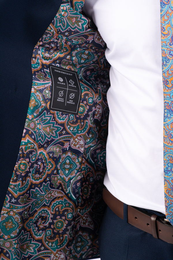 Costum Bărbați Bleumarin Texturat la Două Rânduri de Nasturi Aurii