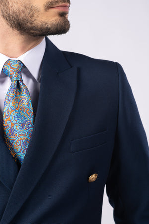 Costum Bărbați Bleumarin Texturat la Două Rânduri de Nasturi Aurii