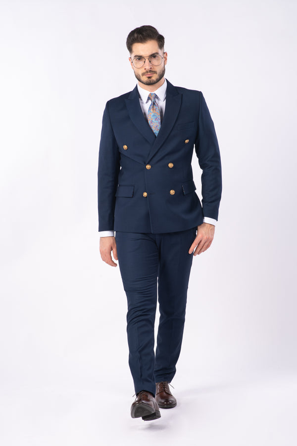 Costum Bărbați Bleumarin Texturat la Două Rânduri de Nasturi Aurii