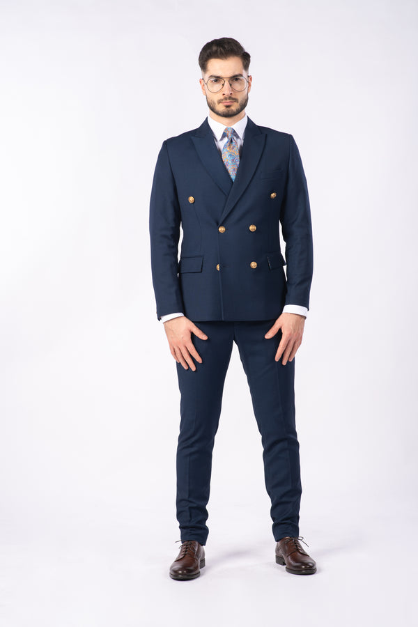 Costum Bărbați Bleumarin Texturat la Două Rânduri de Nasturi Aurii