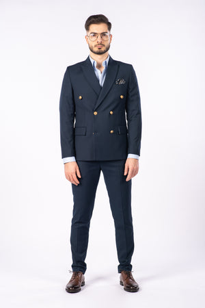 Costum Bărbați Bleumarin Texturat la Două Rânduri de Nasturi Aurii