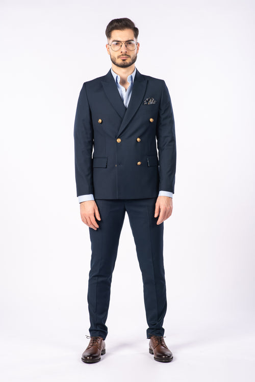 Costum Bărbați Bleumarin Texturat la Două Rânduri de Nasturi Aurii