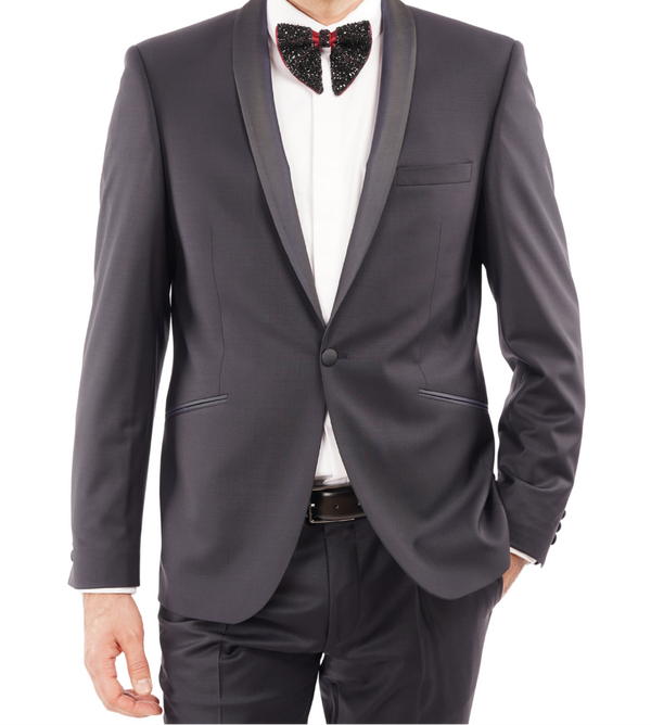 Smoking din Lână Premium Extrafină cu Rever Satinat - Bleumarin 6AM1009342