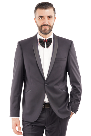 Smoking din Lână Premium Extrafină cu Rever Satinat - Bleumarin 6AM1009342