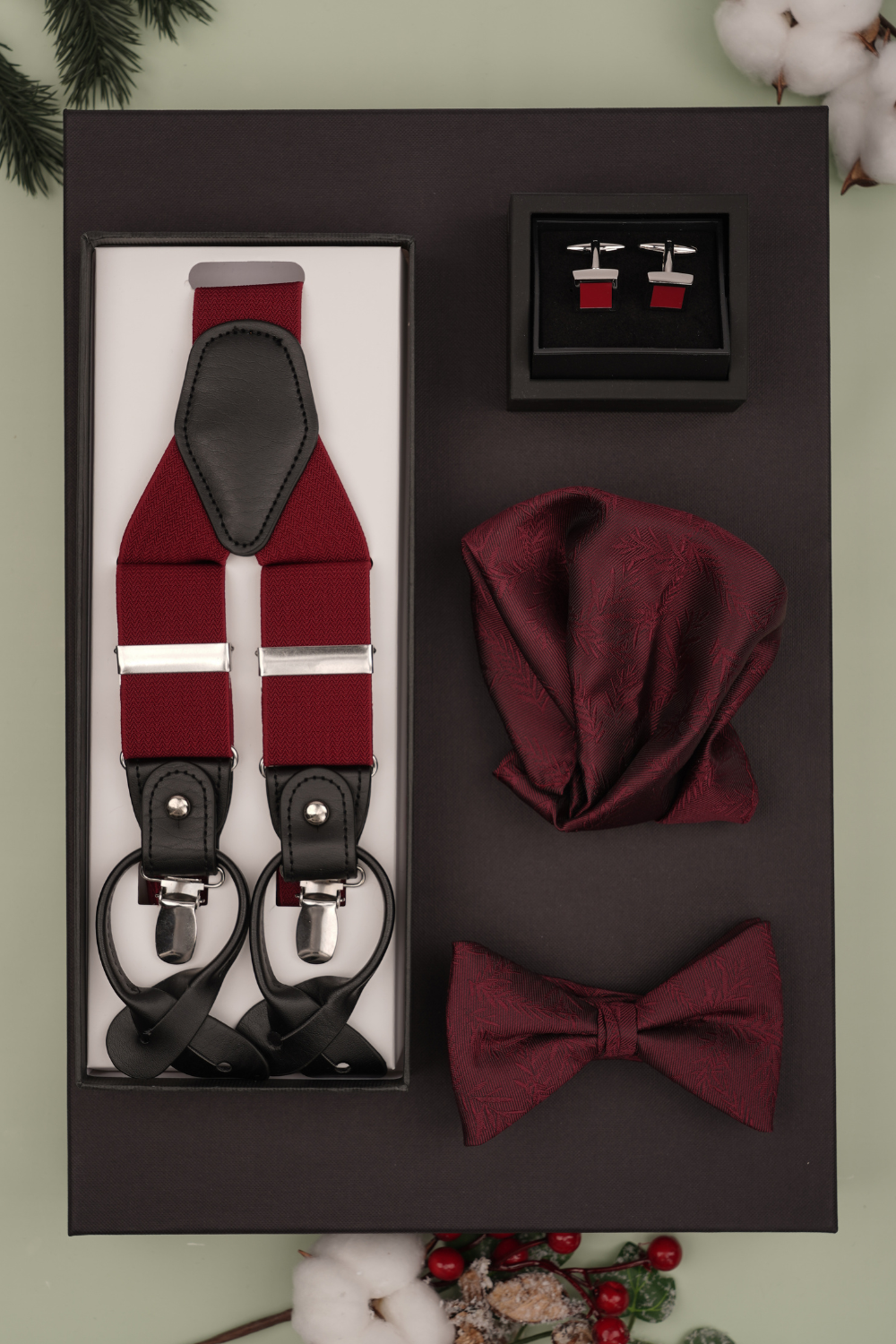 Cutie Cadou Bărbați Papion, Batistă, Butoni și Bretele 6AM5013