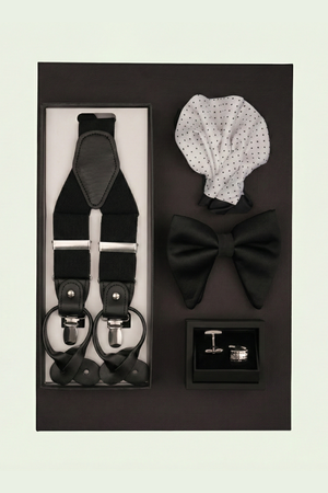 Cutie Cadou Bărbați Papion, Batistă, Butoni și Bretele 6AM5010