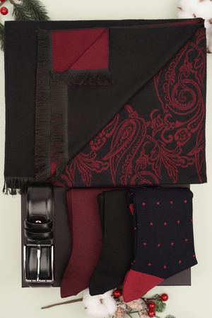 Cutie Cadou Bărbați Eșarfă din Cașmir, Curea din Piele Naturală și Șosete 6AM5019