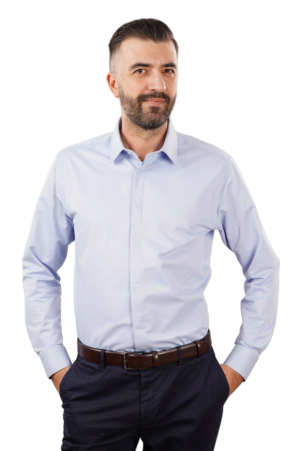 Cămașă Bărbați Albastră din Bumbac cu Nasturi Acoperiți Slim Fit