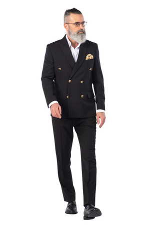 Costum Bărbați Negru Texturat la Două Rânduri de Nasturi Aurii