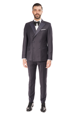 Smoking la Două Rânduri de Nasturi din Lână Premium Extrafină - Bleumarin 6AM1009342