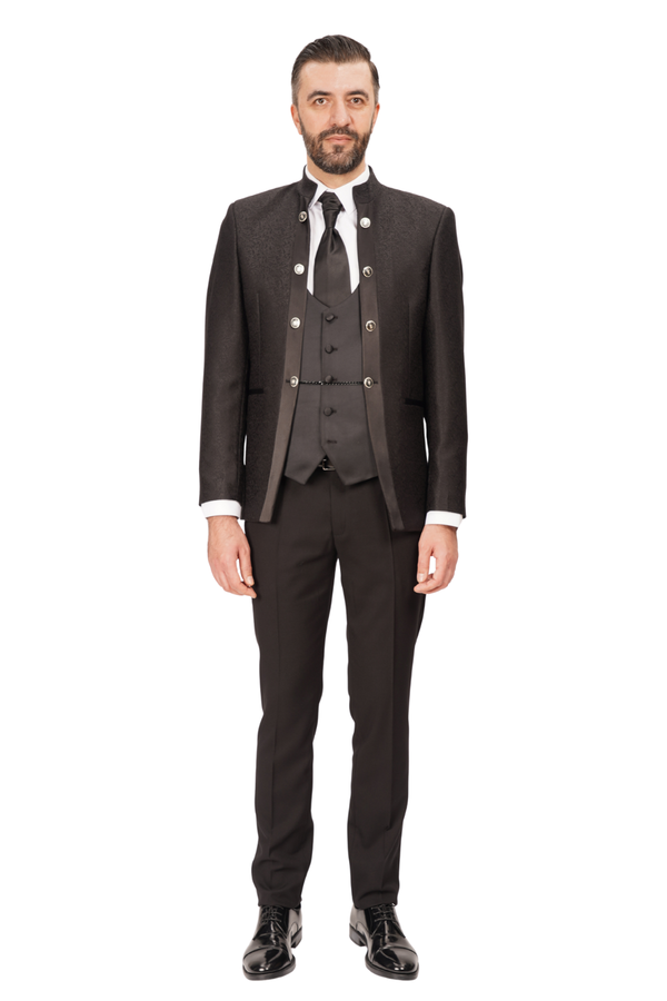 Smoking Negru cu Guler Tunică din 3 Piese 6AM612