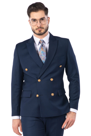 Costum Bărbați Bleumarin Texturat la Două Rânduri de Nasturi Aurii