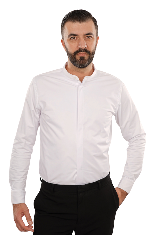 Cămașă Bărbați Albă cu Guler Tunică – 97% Bumbac