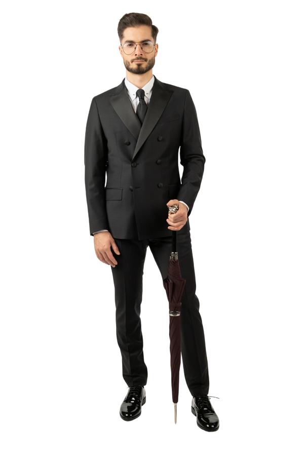 Costum Bărbați Negru de Ceremonie la Două Rânduri de Nasturi