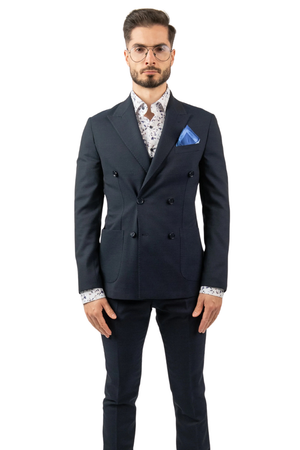 Costum Bărbați Bleumarin Texturat din Material Tehnic la Două Rânduri de Nasturi