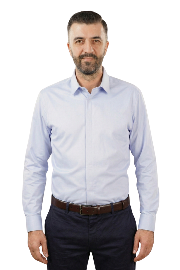 Cămașă Bărbați Albastră din Bumbac cu Nasturi Acoperiți Slim Fit 6AMCA00003