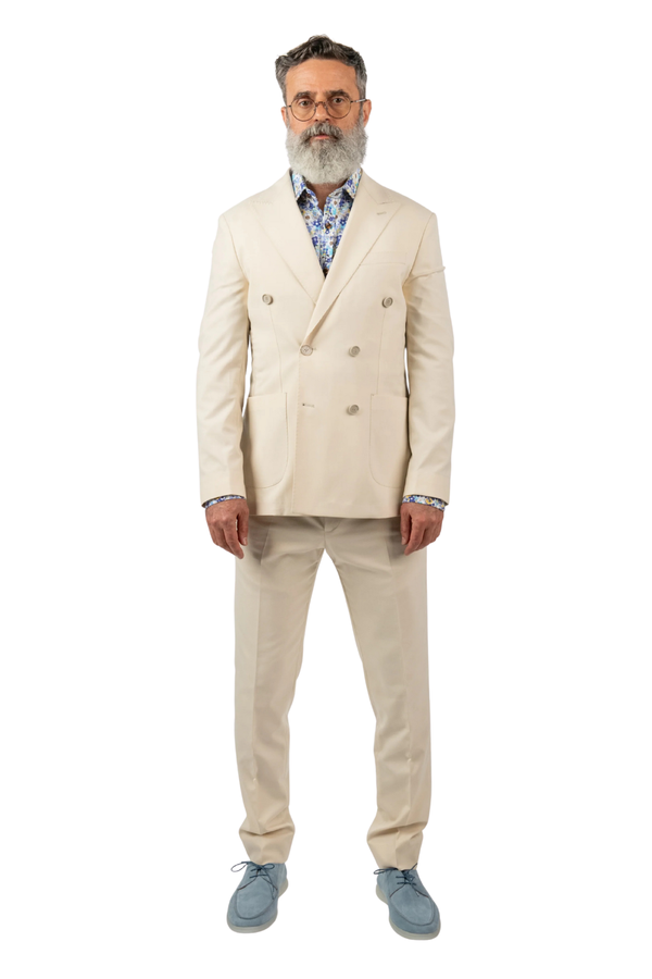 Costum Bărbați Crem Sport la Două Rânduri de Nasturi