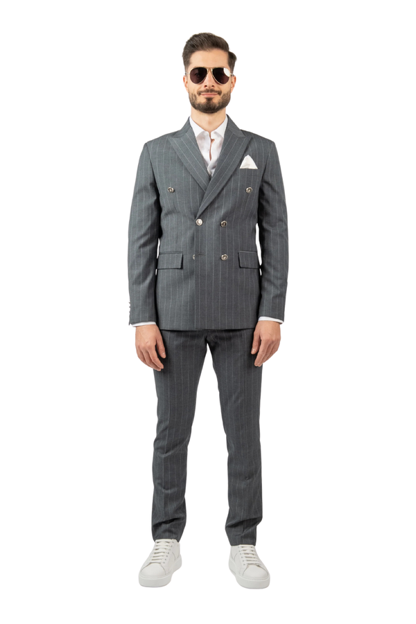 Costum Bărbați Gri cu Dungi Albe la Două Rânduri de Nasturi