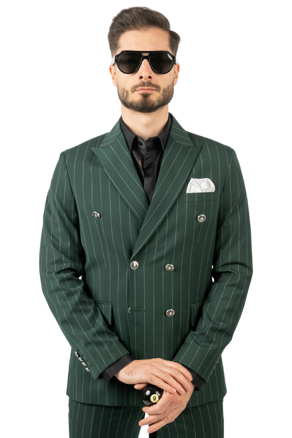 Costum Bărbați Verde cu Dungi Albe la Două Rânduri de Nasturi
