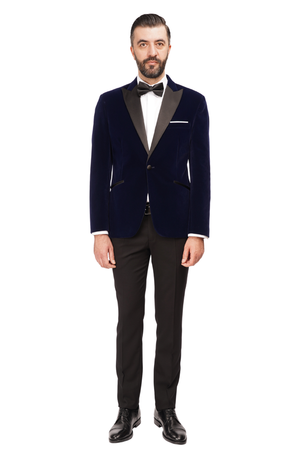 Smoking cu Sacou din Catifea Bleumarin și Pantaloni Negri 6AM310