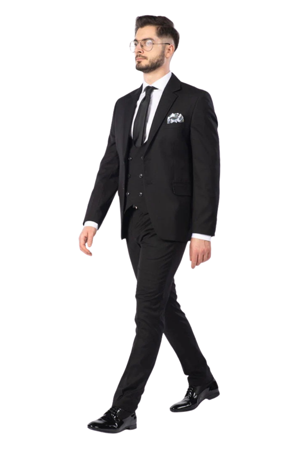 Costum Bărbați Negru Clasic din Lână Fină cu Vestă