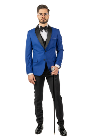 Costum Bărbați Albastru de Ceremonie cu Rever Detașabil Negru în Trei Piese