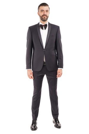 Smoking din Lână Premium Extrafină cu Rever Satinat - Bleumarin 6AM1009342