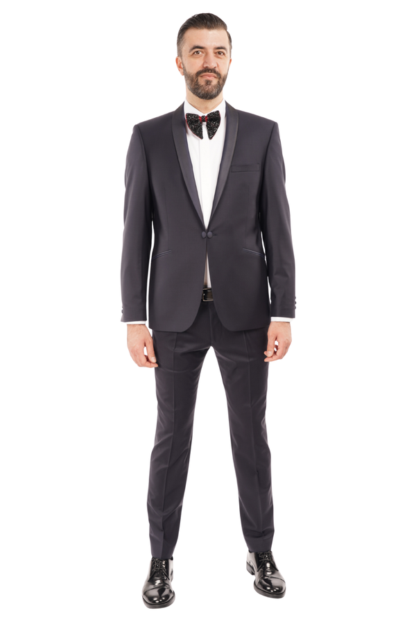 Smoking din Lână Premium Extrafină cu Rever Satinat - Bleumarin 6AM1009342