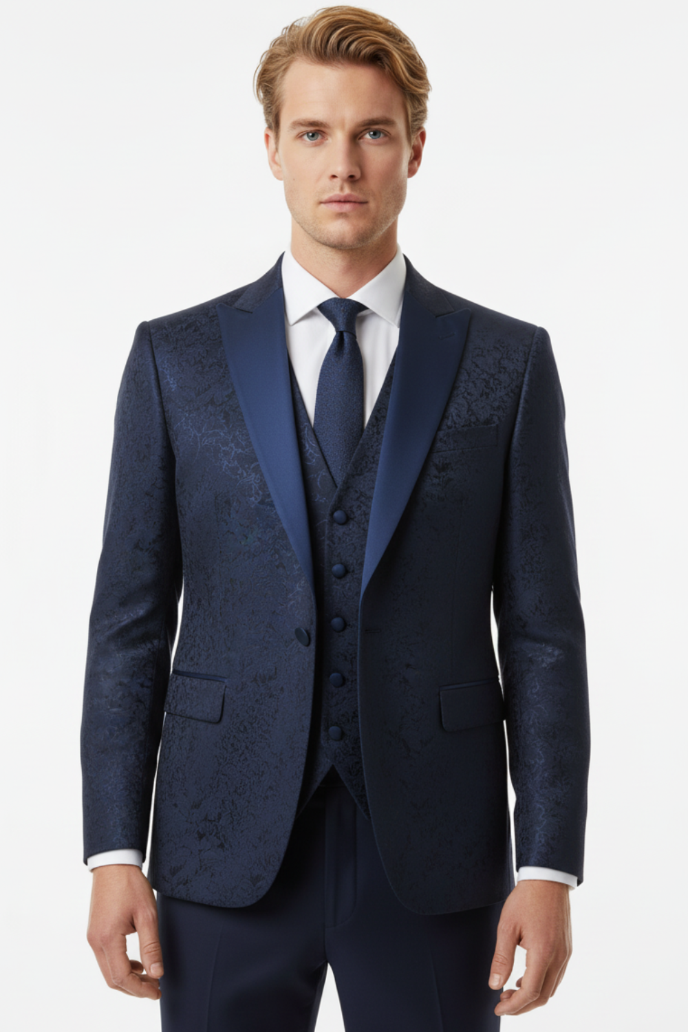 Costum Clasic în Trei Piese Brocard Bleumarin 6AM616