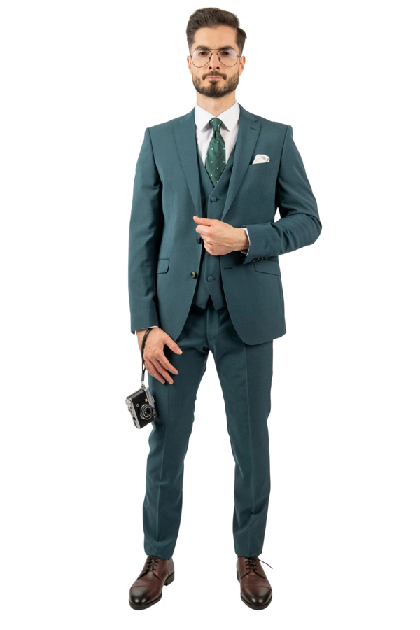Costum Bărbați Turquoise Premium din Lână în Trei Piese