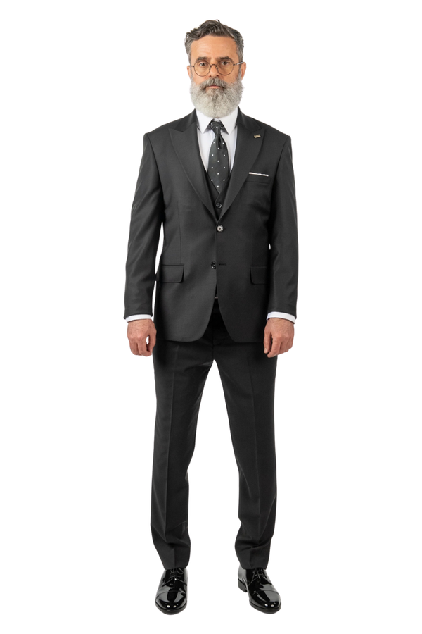 Costum Bărbați Negru din Lână în Trei Piese