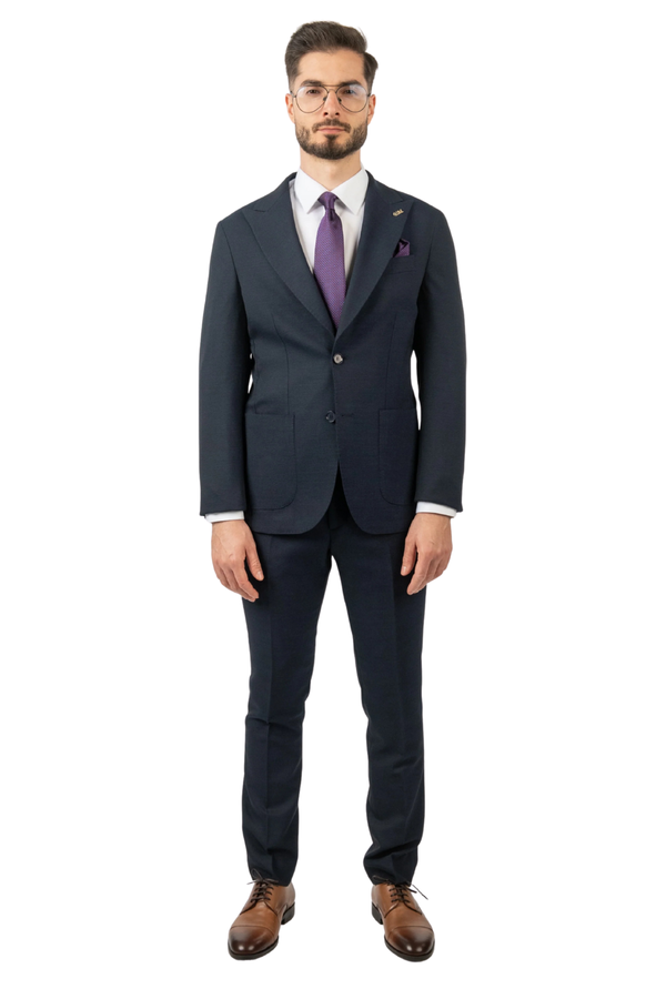 Costum Bărbați Bleumarin Texturat din Material Tehnic fără Căptușeală