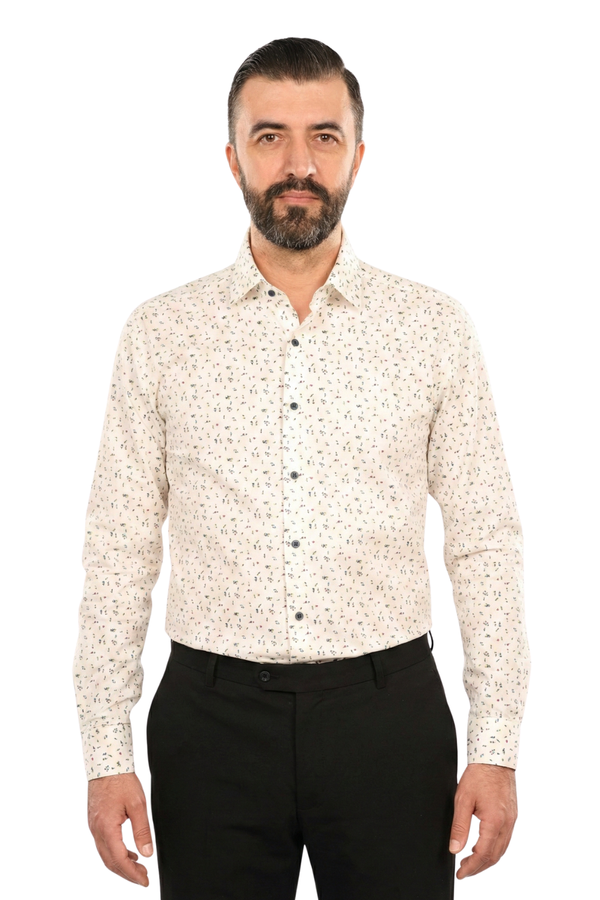 Cămașă Bărbați Albă cu Imprimeu Frunze – 95% Bumbac