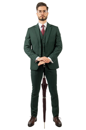 Costum Bărbați Verde cu Dungi din Lână în Trei Piese