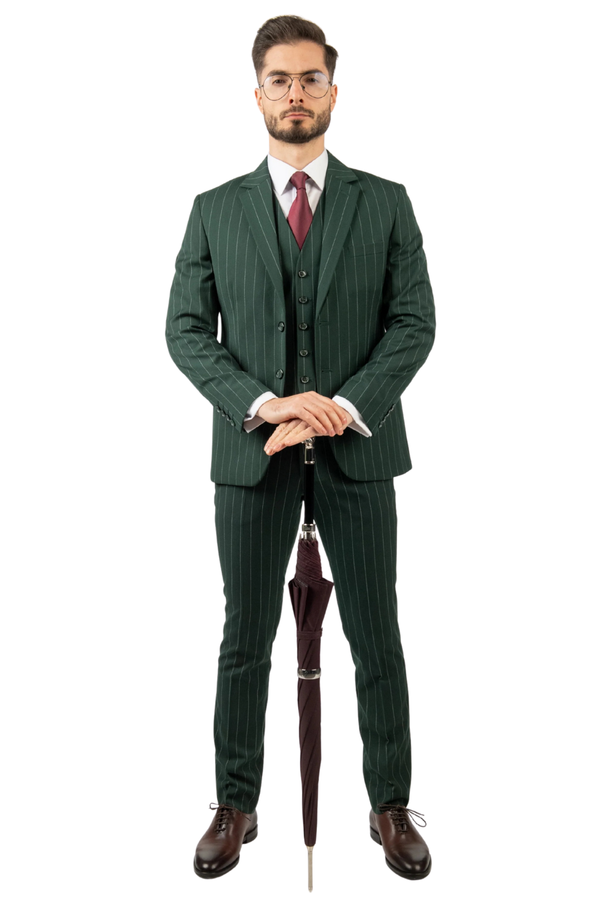 Costum Bărbați Verde cu Dungi din Lână în Trei Piese