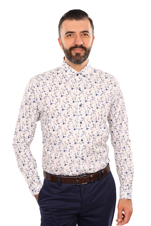 Cămașă Bărbați Albă cu Imprimeu Frunze Albastre – 95% Bumbac