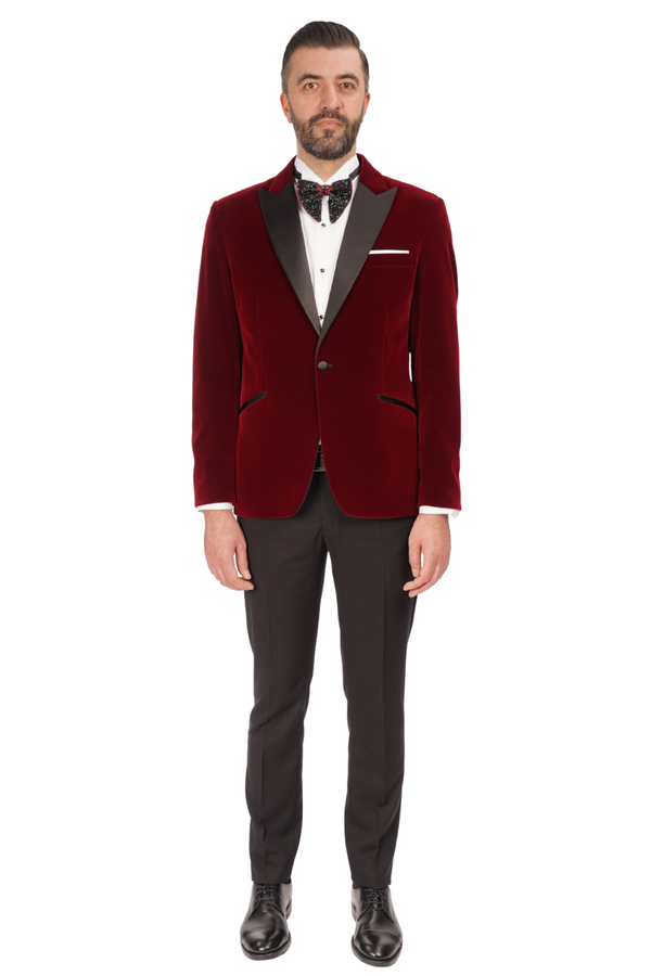 Smoking cu Sacou din Catifea Bordo și Pantaloni Negri 6AM312