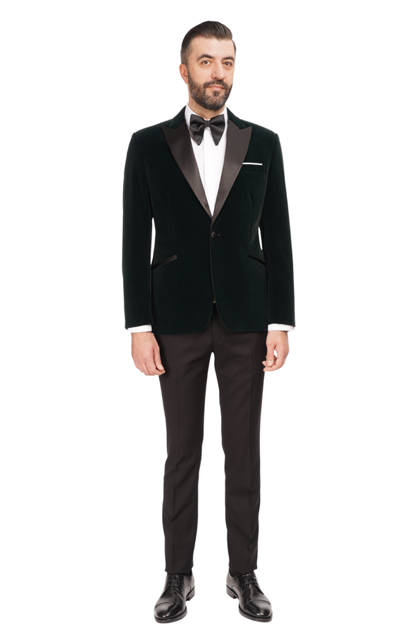 Smoking cu Sacou din Catifea Verde și Pantaloni Negri 6AM311