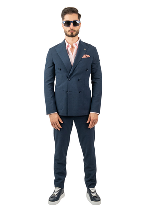 Costum Bărbați Bleumarin din Material Tehnic la Două Rânduri de Nasturi