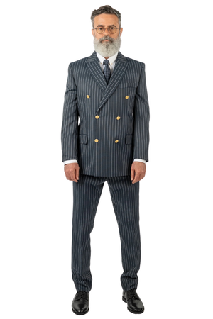 Costum Bărbați Bleumarin-Antracit cu Dungi Albe la Două Rânduri de Nasturi