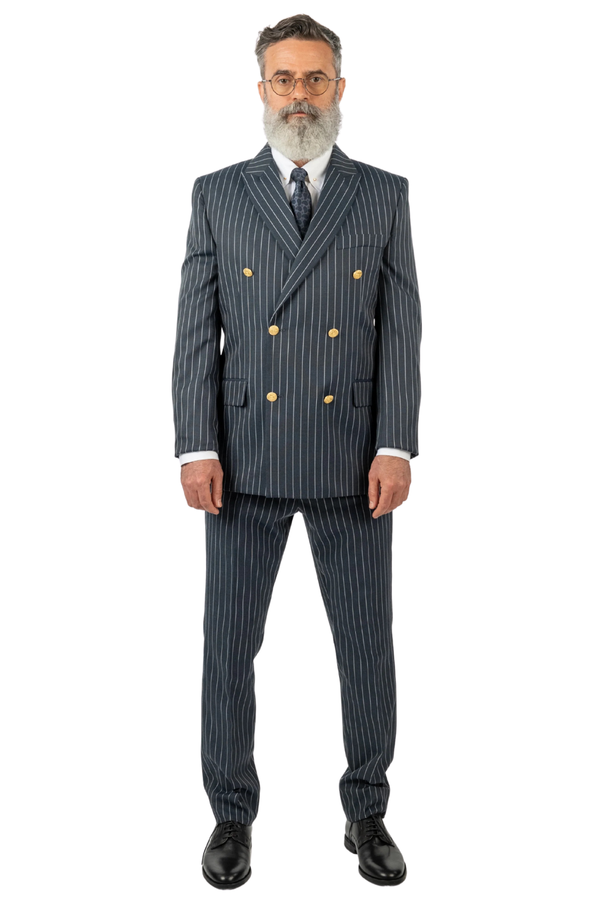 Costum Bărbați Bleumarin-Antracit cu Dungi Albe la Două Rânduri de Nasturi