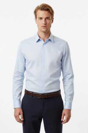 Cămașă Bărbați Albastră din Bumbac cu Nasturi Acoperiți Slim Fit 6AMCA00003